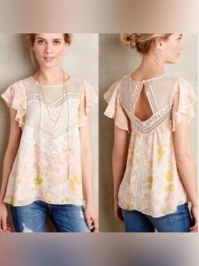 Anthropologie HD in Paris Fluttered Flores Pink Floral Blouse